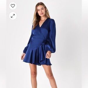 Lulus Navy Blue Satin Long Sleeve Wrap Dress